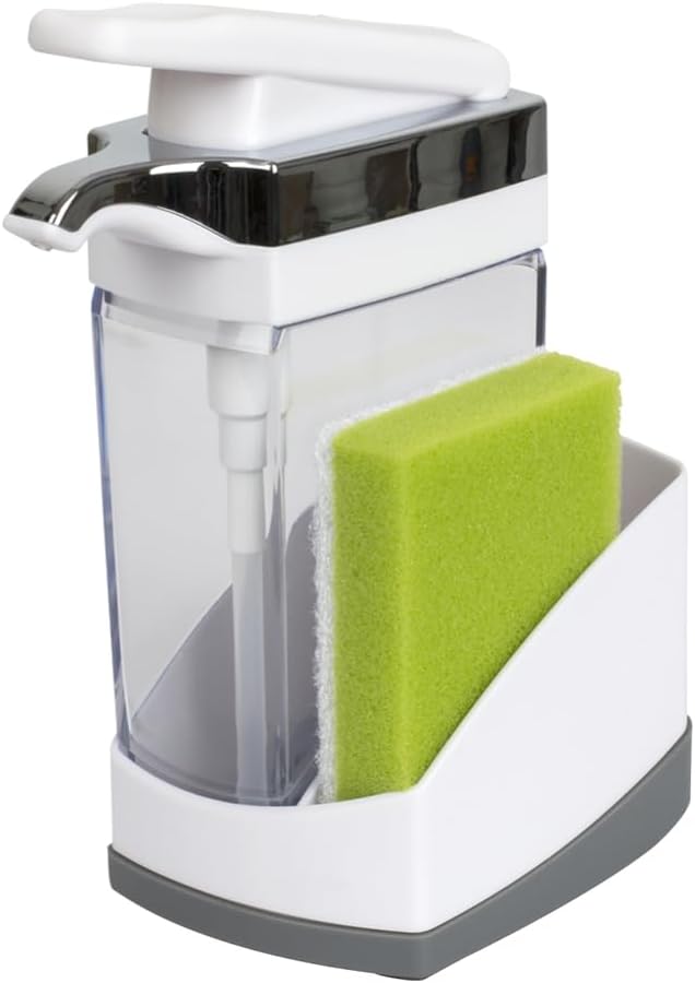 Casabella Sink Sider Solo Kitchen Soap Pump and Sponge Caddy, Black/Chrome - 2-in-1 Soap and Sponge Caddy, One-Hand Soap Dispensing, Ergonomic Design, Easy to Refill and Clean, Efficient Size