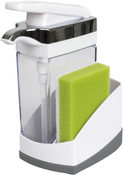Casabella Sink Sider Solo Kitchen Soap Pump and Sponge Caddy, Black/Chrome - 2-in-1 Soap and Sponge Caddy, One-Hand Soap Dispensing, Ergonomic Design, Easy to Refill and Clean, Efficient Size