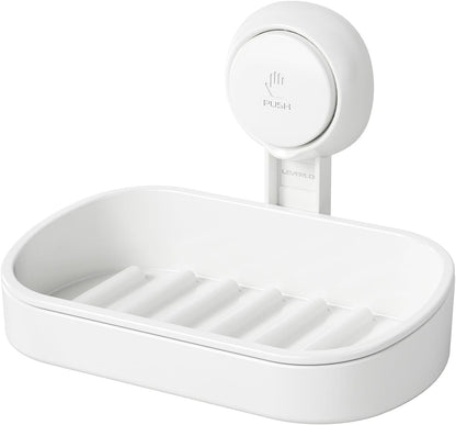 LEVERLOC Soap Holder Shower with Hooks, Bar Suction Cup Soap Dish Tray for Wall, Rust-Proof Stainless Steel Sponge Caddy for Bathroom Accessories Organizer Bathtub Kitchen Sink, Black