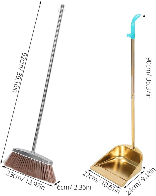 MERRYHAPY Gold Dustpan and Broom Set Stainless Steel Heavy Duty Cleaning Tools for Indoor and Outdoor Use with Ergonomic Handles 35.43 Inch Length