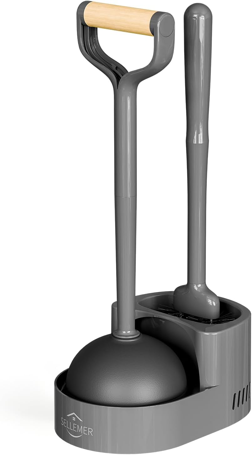Sellemer Toilet Brush and Plunger Set, Curved Design Head for Deep Cleaning, Heavy Duty Toilet Bowl Brush and Plunger Combo with Holder for Bathroom Cleaning, Black, 1 Pack