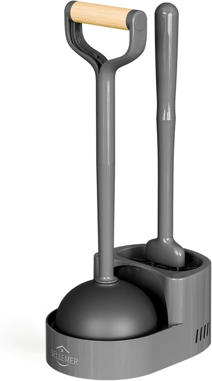 Sellemer Toilet Brush and Plunger Set, Curved Design Head for Deep Cleaning, Heavy Duty Toilet Bowl Brush and Plunger Combo with Holder for Bathroom Cleaning, Black, 1 Pack