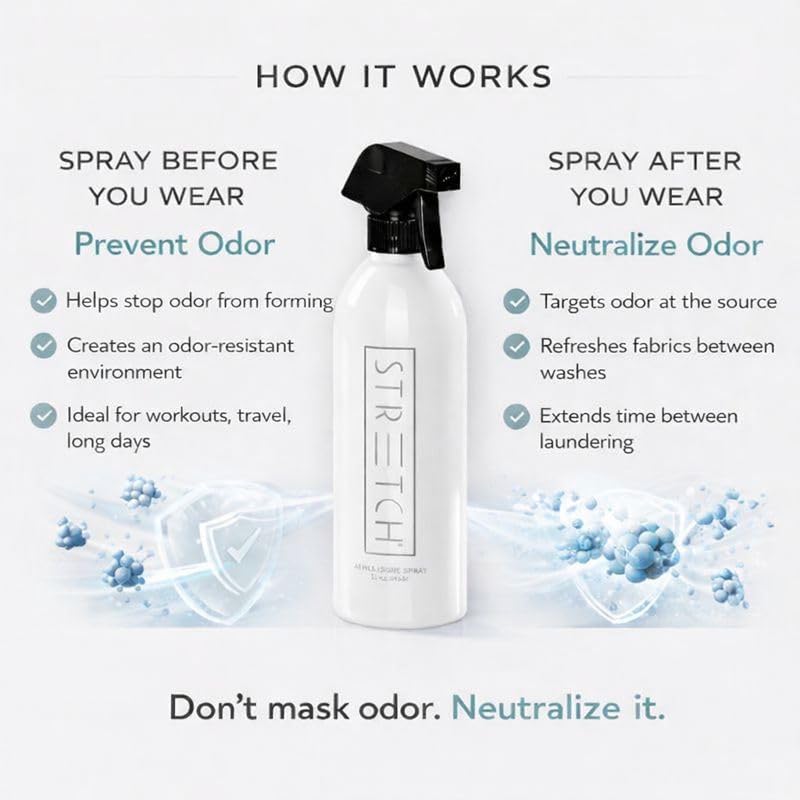 FOREVER NEW Stretch Athleisure Pre-Treatment Odor Removal Spray -Natural Fabric Refresher, 7 Fl Oz