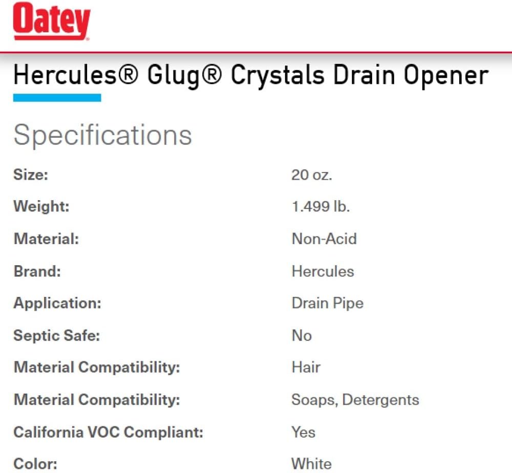 Oatey 20410 Hercules Glug Crystals Drain Opener, 20 oz, 1.3 (Pack of 1)