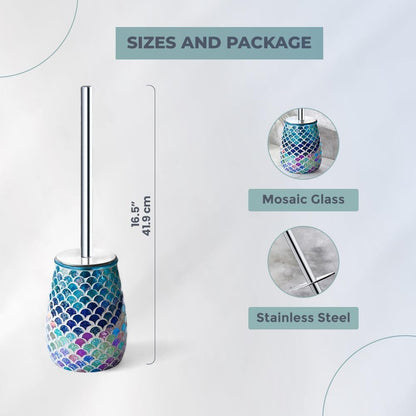 Escenzy Turquoise Green Toilet Brush and Holder Set Mosaic Glass | Non-Rustic Stainless Steel | Practical & Decorative Toilet Bowl Brush and Holder | Luxury Green Bathroom Accessories