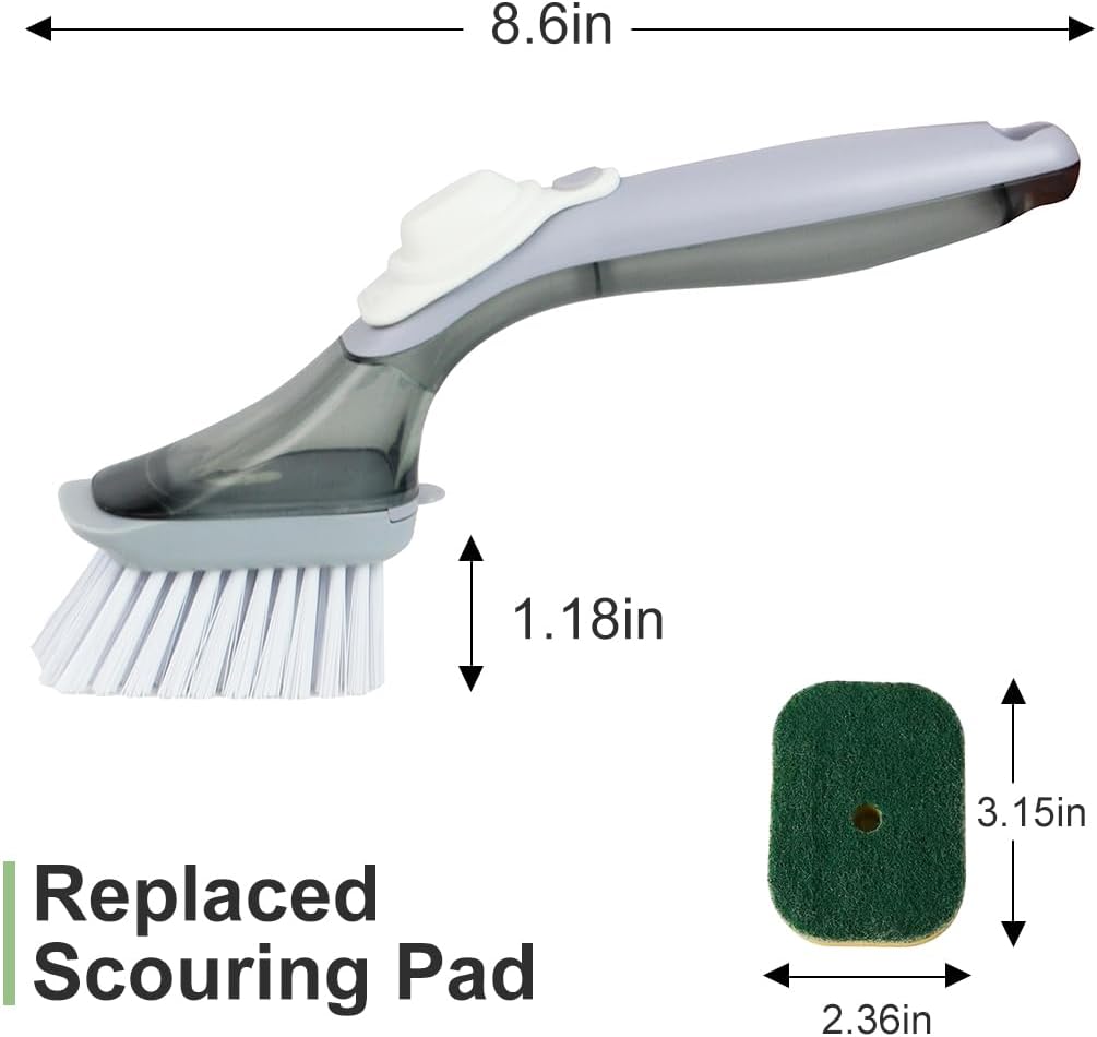 CQT Soap Dispensing Dish Brush Storage Set, Dish Scrubber with Handle, Kitchen Washing Brush for Pot Pan Sink Cleaning, Kitchen Brush with Holder and 1 Replaced Scouring Pad Head