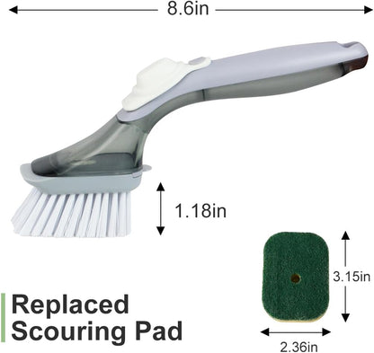 CQT Soap Dispensing Dish Brush Storage Set, Dish Scrubber with Handle, Kitchen Washing Brush for Pot Pan Sink Cleaning, Kitchen Brush with Holder and 1 Replaced Scouring Pad Head