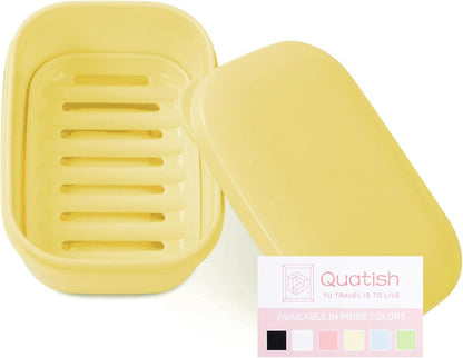 Quatish Leakproof Soap Dish with Lid & Draining Layer, Shatterproof Travel Bar Soap Holder Case Container, Portable Travel Size Toiletries Essentials for Camping, Gym, Bathroom, Black