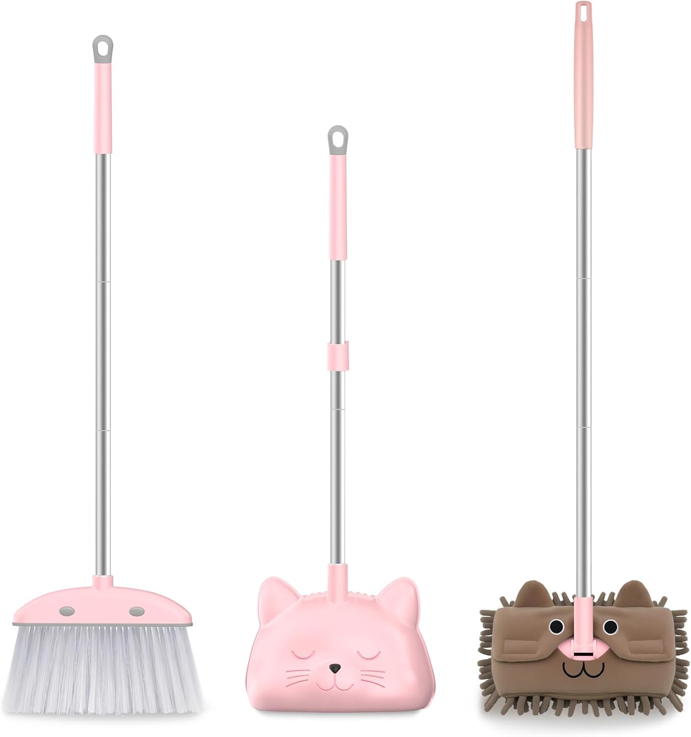 Mini Broom with Dustpan for Kids, 28-in Handle Kids Broom and Dustpan Set for Toddlers Cat-Shaped Children Broom and Cleaning Set Boys Girls Small Housekeeping Helper Set, Pink