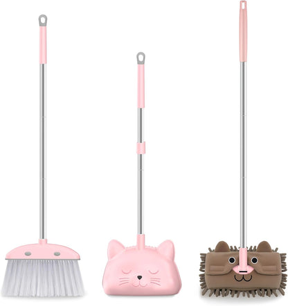 Mini Broom with Dustpan for Kids, 28-in Handle Kids Broom and Dustpan Set for Toddlers Cat-Shaped Children Broom and Cleaning Set Boys Girls Small Housekeeping Helper Set, Pink