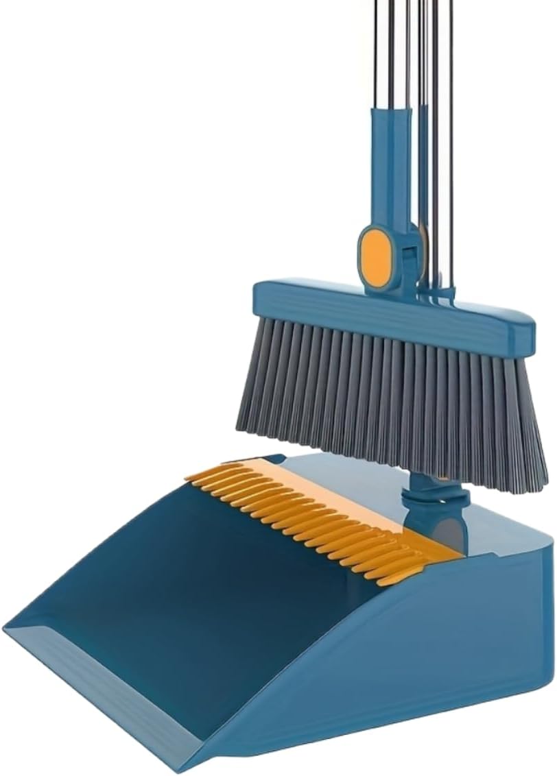 2-in-1 Broom with Dustpan Combo Set,Long Handle Broom Dustpan Combo with Dustpan Teeth to Automatically Clean Hair for Home, Indoor or Outdoor Cleaning Hall Floor (Gray)