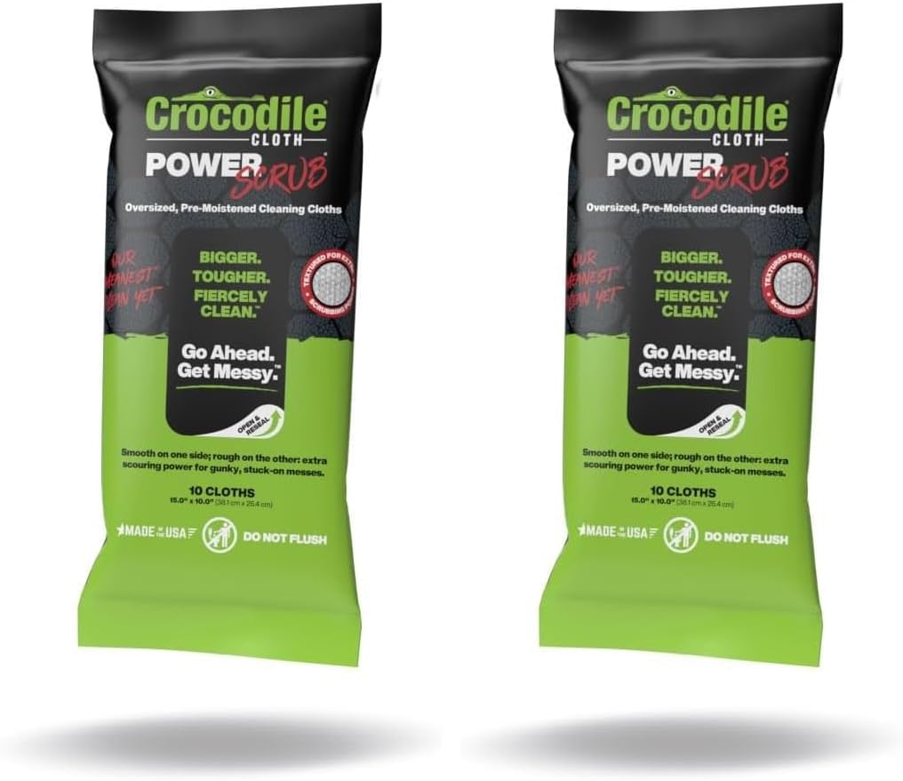 Crocodile Cloth PowerSCRUB Cleaning Wipes – 80 (15" x 10") Dual-Surface Cloths, Heavy-Duty, Moist, Absorbent, & Disposable - Safe on Skin & Multiple Surfaces