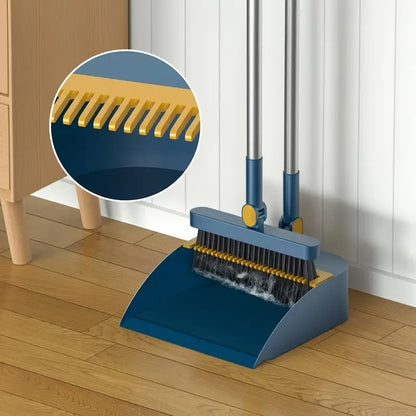 2-in-1 Broom with Dustpan Combo Set,Long Handle Broom Dustpan Combo with Dustpan Teeth to Automatically Clean Hair for Home, Indoor or Outdoor Cleaning Hall Floor (Gray)