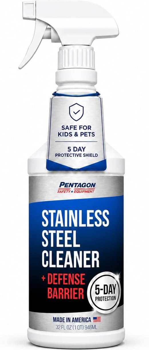 PENTAGON SAFETY EQUIPMENT Stainless Steel Cleaner Spray, 5 Day Nano Barrier Protection, Safe around pets, Unscented, Made in USA