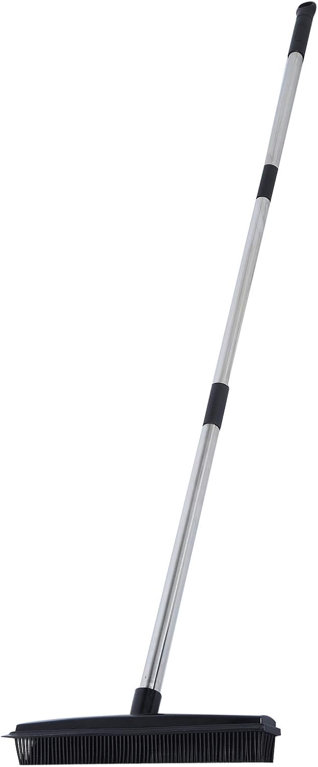 Telescopic Rubber Broom with Squeegee, Multifunction Adjustable Pet Hair Removal Carpet Rake for Fluff Rug Hardwood Floor (Black)