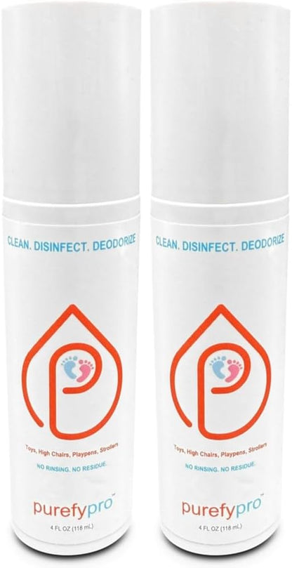 Purefypro Disinfectant Spray (4oz, 2pk) for Toys, High Chair, Playpen, Strollers - Kills 99.9999% E Coli, Norovirus, Flu Viruses, Viruses, MRSA, Bacteria, Fungi, No Rinse, No Residue