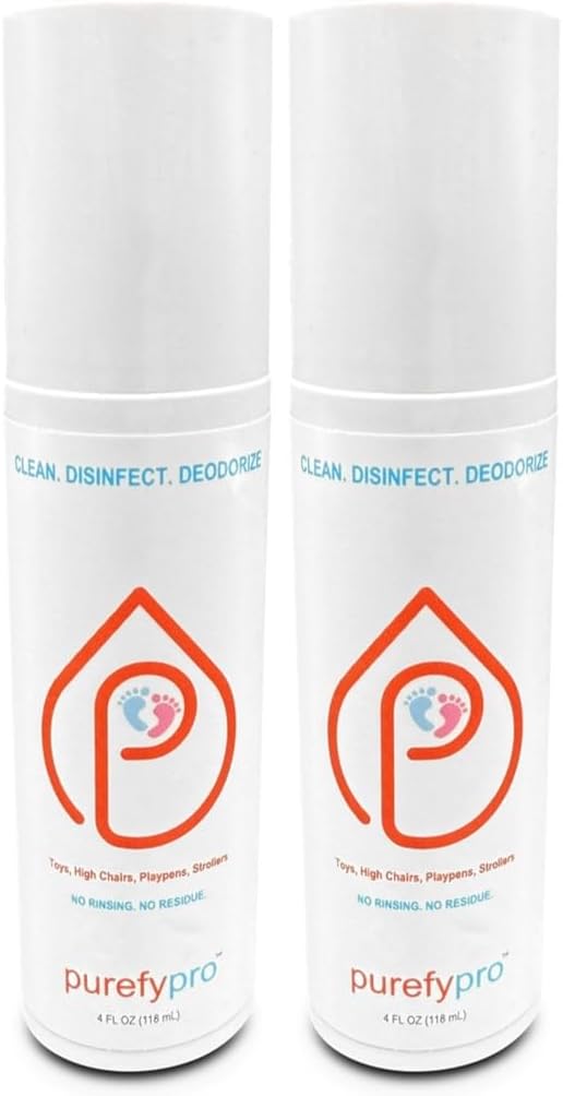 Purefypro Disinfectant Spray (4oz, 2pk) for Toys, High Chair, Playpen, Strollers - Kills 99.9999% E Coli, Norovirus, Flu Viruses, Viruses, MRSA, Bacteria, Fungi, No Rinse, No Residue