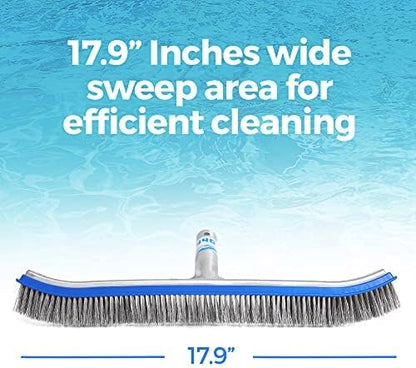 440 Heavy Duty Pool Brush - 18-inch Extra-Wide Metal Brush Head with Stainless Steel Wire Bristles & Curved Edges for Cleaning Pool Tiles, Walls, Floor, Steps (Stainless Steel)