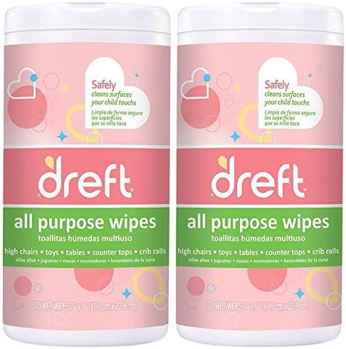 Dreft Multi-Surface All-Purpose Gentle Cleaning Wipes for Baby Toys, Car Seat, High Chair & More, 70 Count, Pack of 2