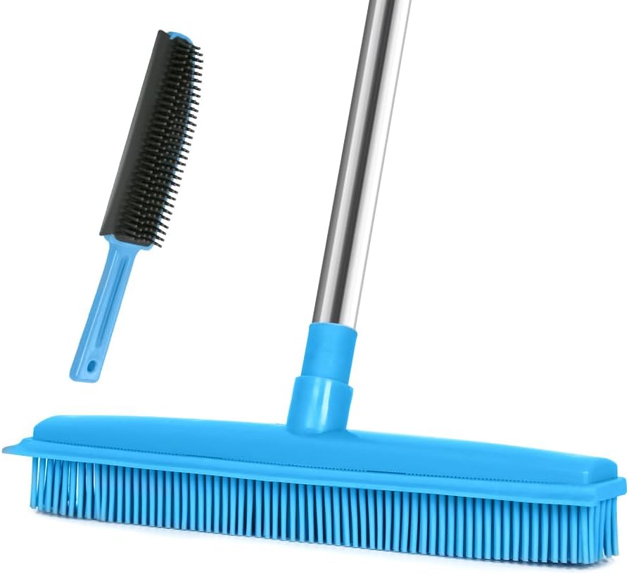 LandHope Carpet Rake for Pet Hair Remover Long Handle with Squeegee, Rubber Broom Carpet Brush Non Scratch Bristles Fur Remover Indoor Outdoor Push Broom for Cat Dog Hair Hardwood Tile Windows Clean