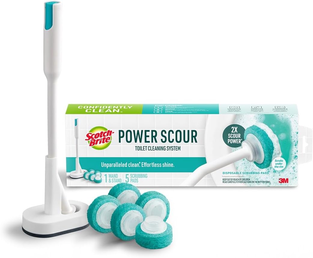 Scotch-Brite Power Scour Toilet Cleaning System, Toilet Bowl Cleaner with Disposable Scrub Pad Tablets, Includes 1 Wand, Stand and 5 Scrubbing Pad Refills