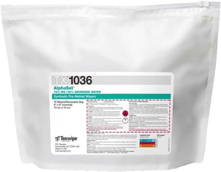 Texwipe TX1036 AlphaSat 6" x 6" Polyester Cleanroom Wiper Pre-Wetted 70% IPA (Pack of 75)