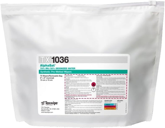 Texwipe TX1036 AlphaSat 6" x 6" Polyester Cleanroom Wiper Pre-Wetted 70% IPA (Pack of 75)