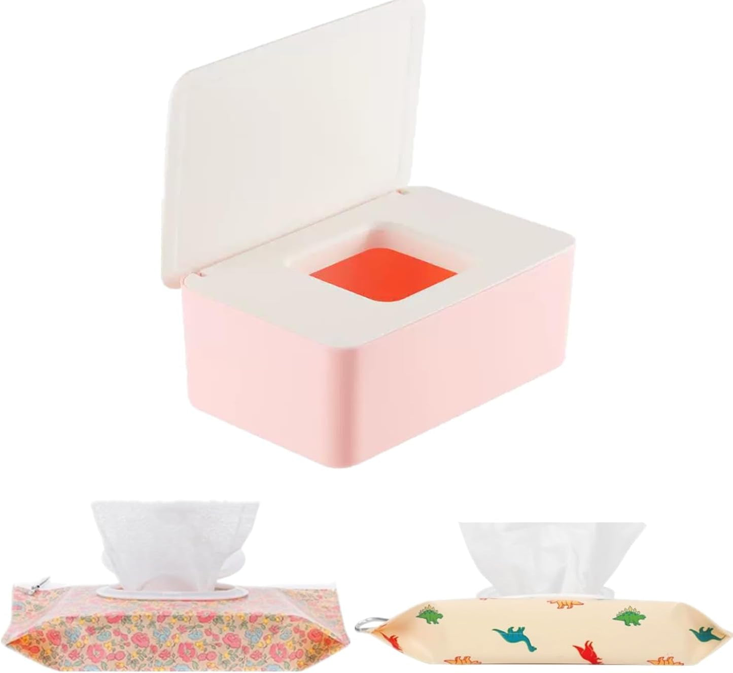 Wipe Dispenser White,Reusable Flushable Wipe Holder Set with 2Pcs Refillable Portable Wipe Bag for Baby Adult Bathroom,Wipe Container with Lids Keeps Wipes Fresh,Baby Shower New Mom Gifts