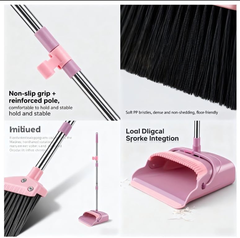 Broom and Dustpan Set with Long Handle - Upright Dustpan & 3 Rows Dense Bristles, Ideal for Home, Office, Kitchen, Lobby, Shop, All-Purpose Indoor & Outdoor Sweeping,Gray&Yellow