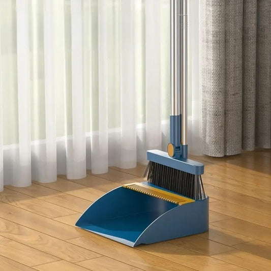 2-in-1 Broom with Dustpan Combo Set,Long Handle Broom Dustpan Combo with Dustpan Teeth to Automatically Clean Hair for Home, Indoor or Outdoor Cleaning Hall Floor (Gray)