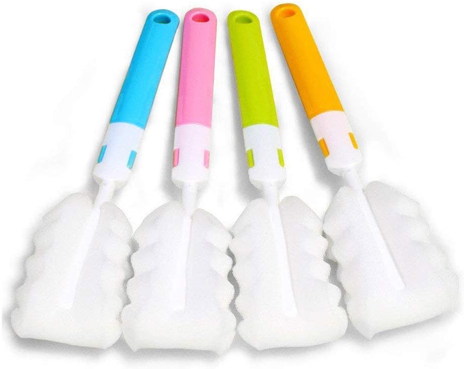 Bottle Brush Sponge Cup Brush Set with 4 Replacement Brush Head Portable Long Handle Water Bottle Cleaner Brush, for Baby Bottles Vacuum Flasks (4 Brushes + 4 Heads)