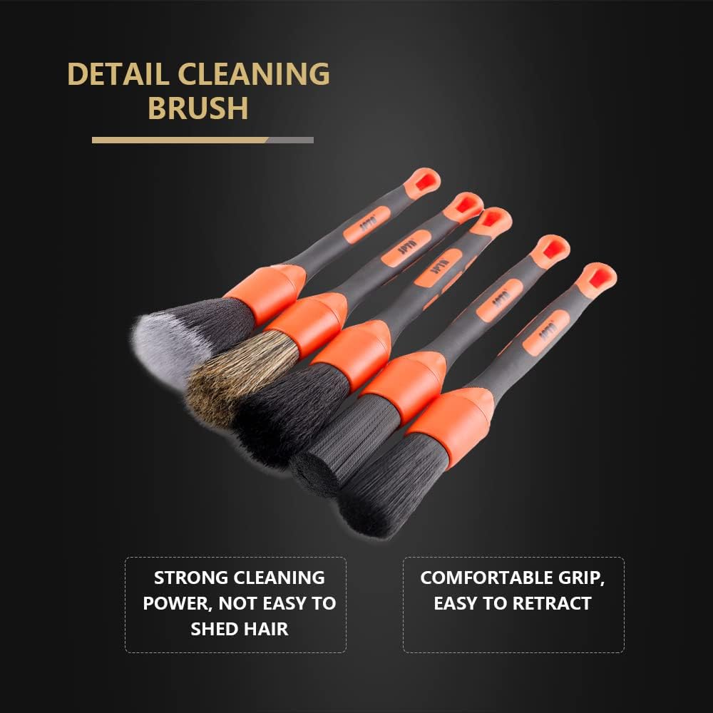 SPTA Car Detailing Brush Set, 5 Pack Soft Mixed Hair Auto Detail Brush Kit No Scratch for Automotive Elegant Surface Interior Exterior Dashboard Emblems Panels Engine Bay Wheels Air Vent Seat Leather
