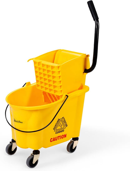 PLASTIC PRINCE Small Mop Bucket with Wringer on Wheels 5 Gallon, Heavy Duty Dual Chamber Mop Bucket Separate Dirty Water, Perfect for Household, 20 Quart Yellow