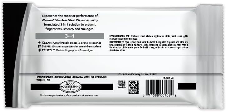 Weiman Stainless Steel Cleaner & Polish Kit, 2 Wipes & Cloth, Anti-Fingerprint, Removes Grease, Water Spots, Streaks & Residue, Polishing Cleaner Safe for Appliances, Chrome, Sinks & Grill Exteriors