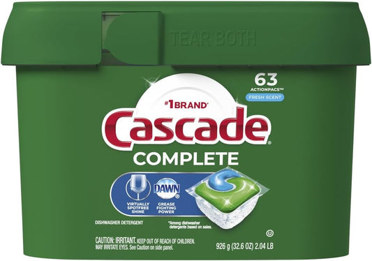 Cascade Complete Dishwasher Pods, ActionPacs Dishwasher Detergent, Fresh Scent, 63 Count