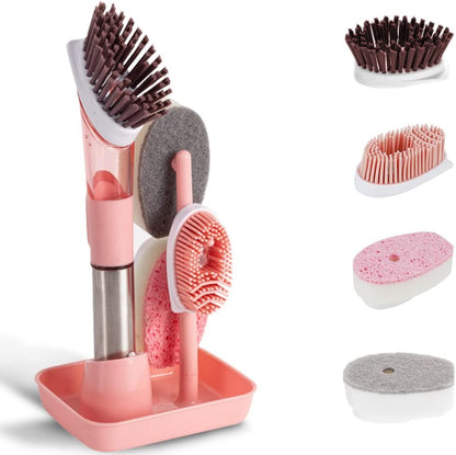 4-in-1 Dish Cleaning Brush Soap Dispensing Dish Brush Set with 4 Replacement Heads and Storage Holder, Kitchen Scrub Brush for Dish Pot Pan Sink Cleaning (Grey)