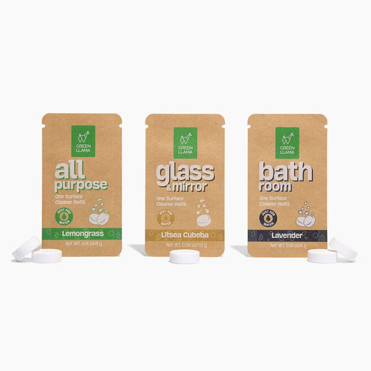 Green Llama Eco-Friendly Cleaning Tablet Variety Pack - Multi-Surface, Glass & Bathroom Cleaner Refills, Compostable, Plant-Based, Family & Pet Safe - Sample Pack with 6 Tablets