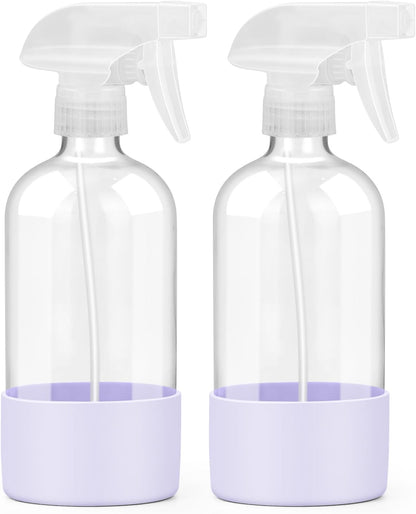 Worldgsb 2 Pack Glass Spray Bottles with Silicone Sleeve, 16 oz Empty Refillable Containers with Adjustable Spray Nozzles, Spray Bottles for Hair, Cleaning Solutions and Plants Blue&Grey