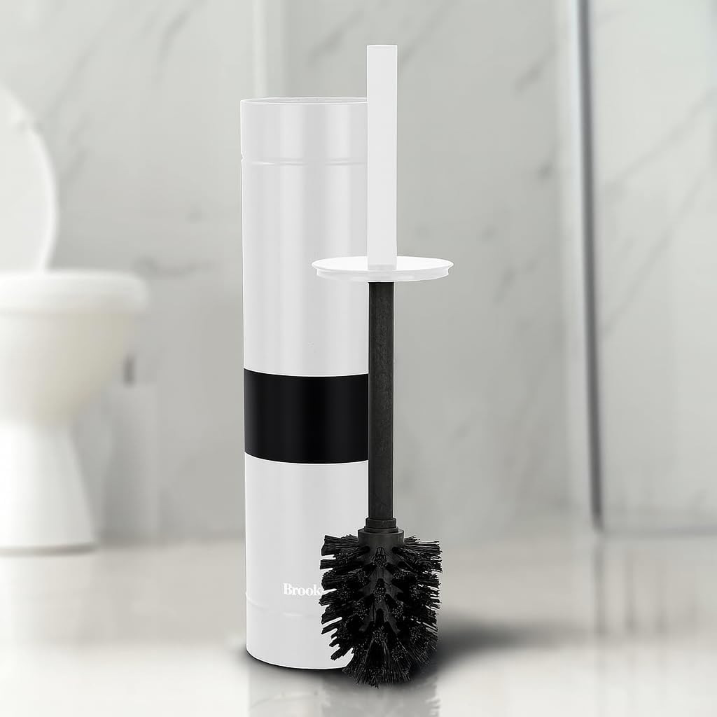 BROOKSTONE Toilet Brush and Holder Set for Bathroom with Splash Guard for Deep Cleaning, Compact and Space Saving Stylish Toilet Bowl Cleaners, Chrome