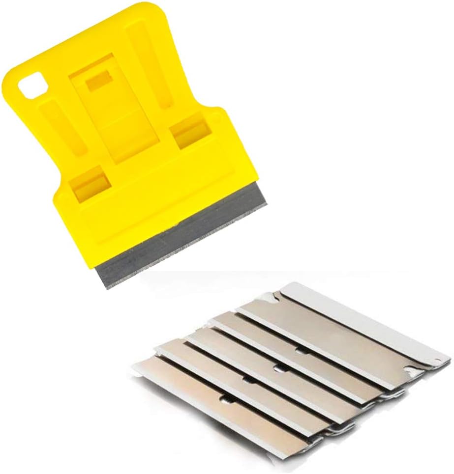 Razor Blades Metal Scraper Tool Pull Push Glass Scraper Stove Top Scraper Window Ceramic Scraper with10 PCS Single Edge Replacement Scraper Blades Removing Decal Label Residue Sticker,Silver