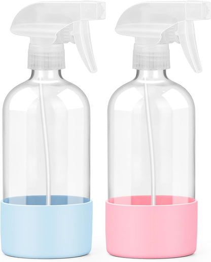 Worldgsb 2 Pack Glass Spray Bottles with Silicone Sleeve, 16 oz Empty Refillable Containers with Adjustable Spray Nozzles, Spray Bottles for Hair, Cleaning Solutions and Plants Blue&Grey