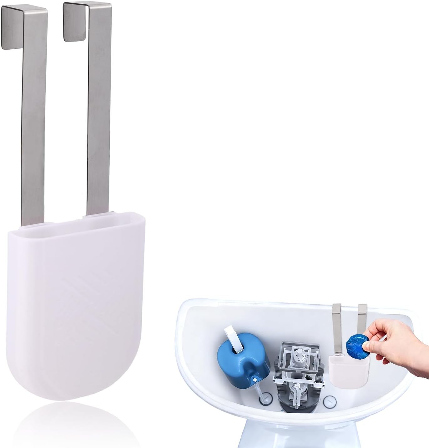 2pcs Toilet Tablet Holder, Plastic & Metal Hanging Bowl Cleaning Tablet Brackets Fits Most Standard Toilet Tablets Tanks Caddy Easy to Install (White)