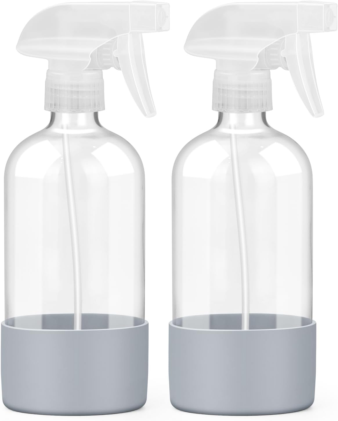 Worldgsb 2 Pack Glass Spray Bottles with Silicone Sleeve, 16 oz Empty Refillable Containers with Adjustable Spray Nozzles, Spray Bottles for Hair, Cleaning Solutions and Plants Blue&Grey