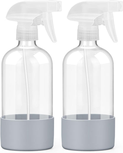 Worldgsb 2 Pack Glass Spray Bottles with Silicone Sleeve, 16 oz Empty Refillable Containers with Adjustable Spray Nozzles, Spray Bottles for Hair, Cleaning Solutions and Plants Blue&Grey