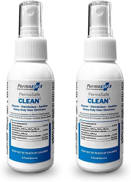 PermaSafe CLEAN 1-Step Disinfectant, Deodorizer & All-Purpose Cleaner; Soft, Hard & Food Surface Sanitizer; Kills 99.9% of Bacteria, Viruses, Molds - Child, Pet, Planet & All Surface Safe (32oz)