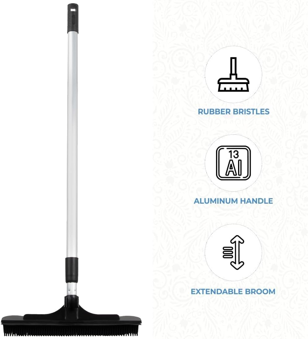 ForPro Extendable Salon Broom, Non-Scratch Rubber Bristles, Aluminum Handle Adjustable to 51.5”, Ideal for Pet Hair, Lint, Dust, Dirt, Black