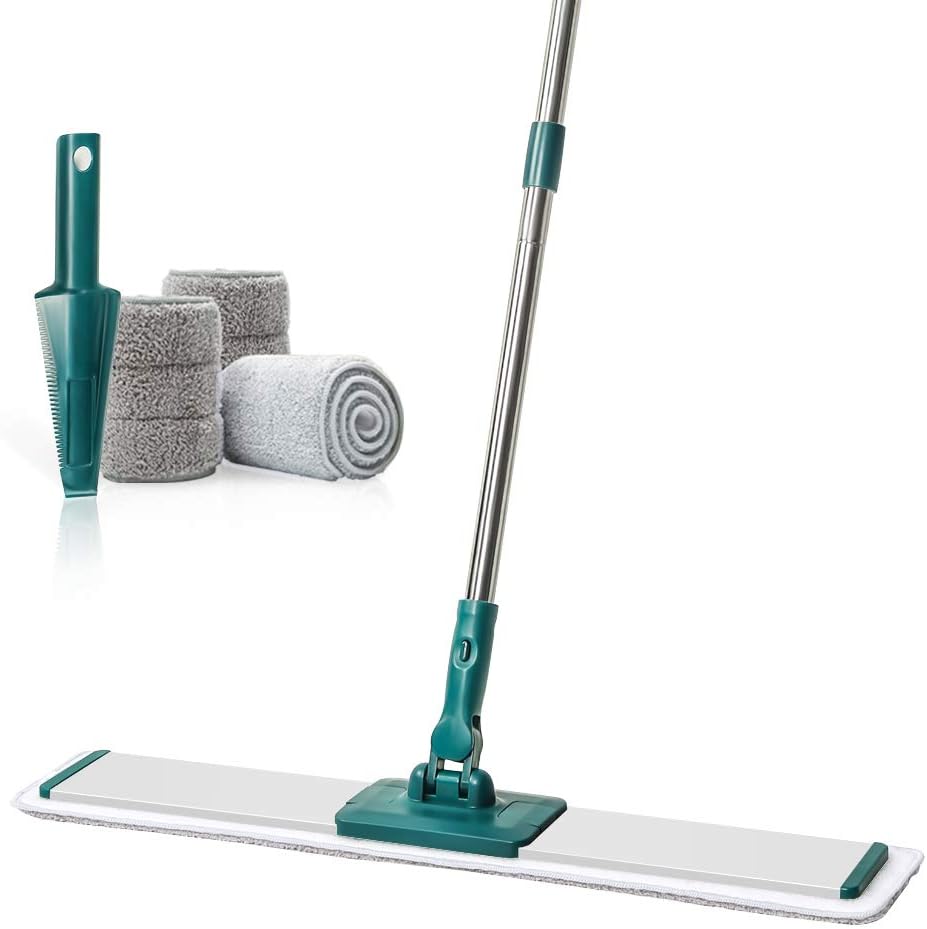 CQT Commercial Flat Microfiber Floor Mop Cleaning System 24" Inch Wet Dry and Dust Hardwood with 4 Washable Pads Cleaner for Laminate Tile Stainless Steel Handle and Extension (PT14 Brown)