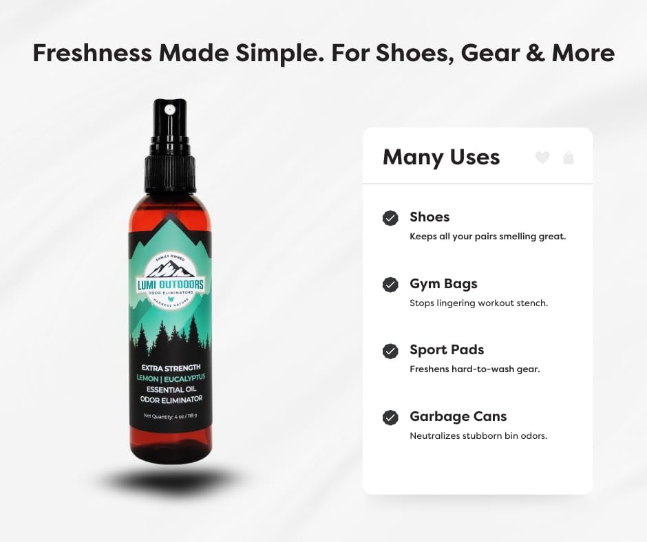 Lumi Outdoors Natural Shoe Deodorizer Spray (700+ Sprays) - Extra Strength Shoe Odor Eliminator for Smelly Shoes & Foot Odor - Replaces Shoe Balls & Inserts - Lemon Eucalyptus