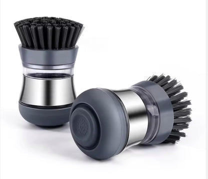 Soap Dispensing Dish Brush with Refillable Handle – Heavy Duty Palm Scrubber for Kitchen Sink, Pots, Pans & Dishes – Replaceable Brush Head – No Leak Design (Dark Gray)