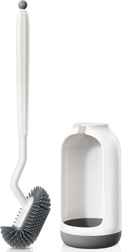 HAMITOR Toilet Bowl Brush Holder Set: Deep Cleaning Silicone Toilet Cleaner Scrubber Under Rim with Curved Bristle for Bathroom Dead Corner Clean - Modern Rv Toilet Decorative Accessories - Gray